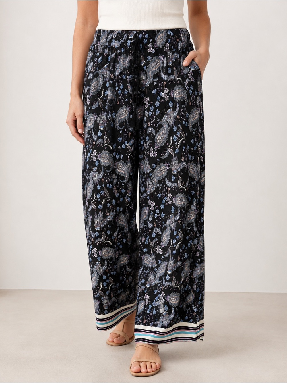 Zac & Rachel Black Paisley Wide Leg Lounge Pants with Stripe Hem